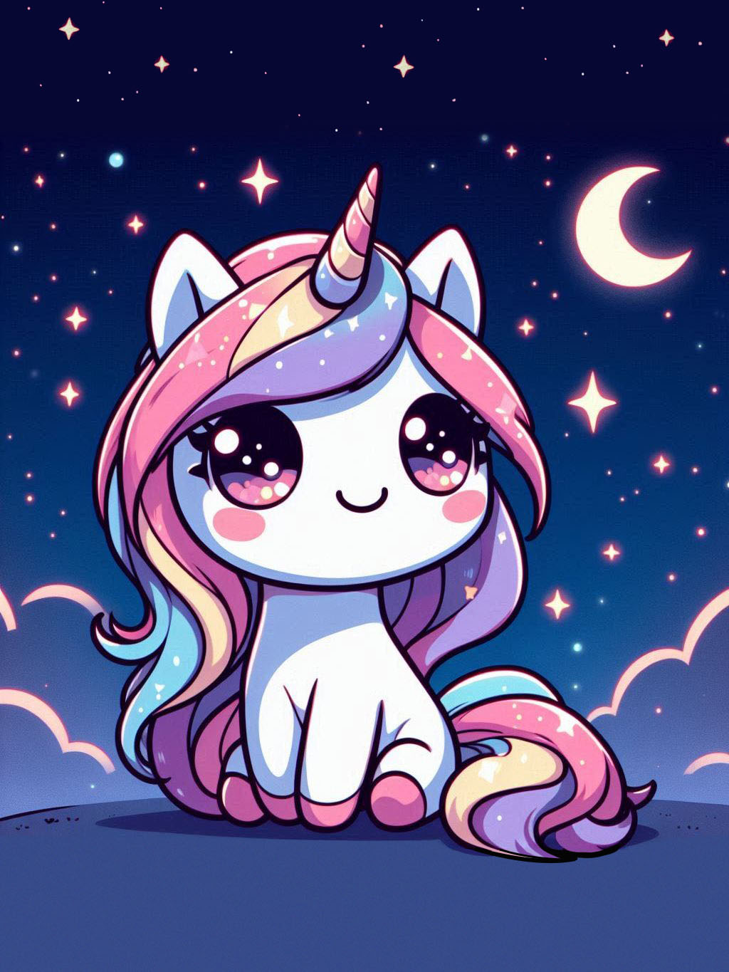 halloween unicorn illustration ideas featuring a cute unicorn sitting under a starry night sky with a crescent moon and colorful mane.